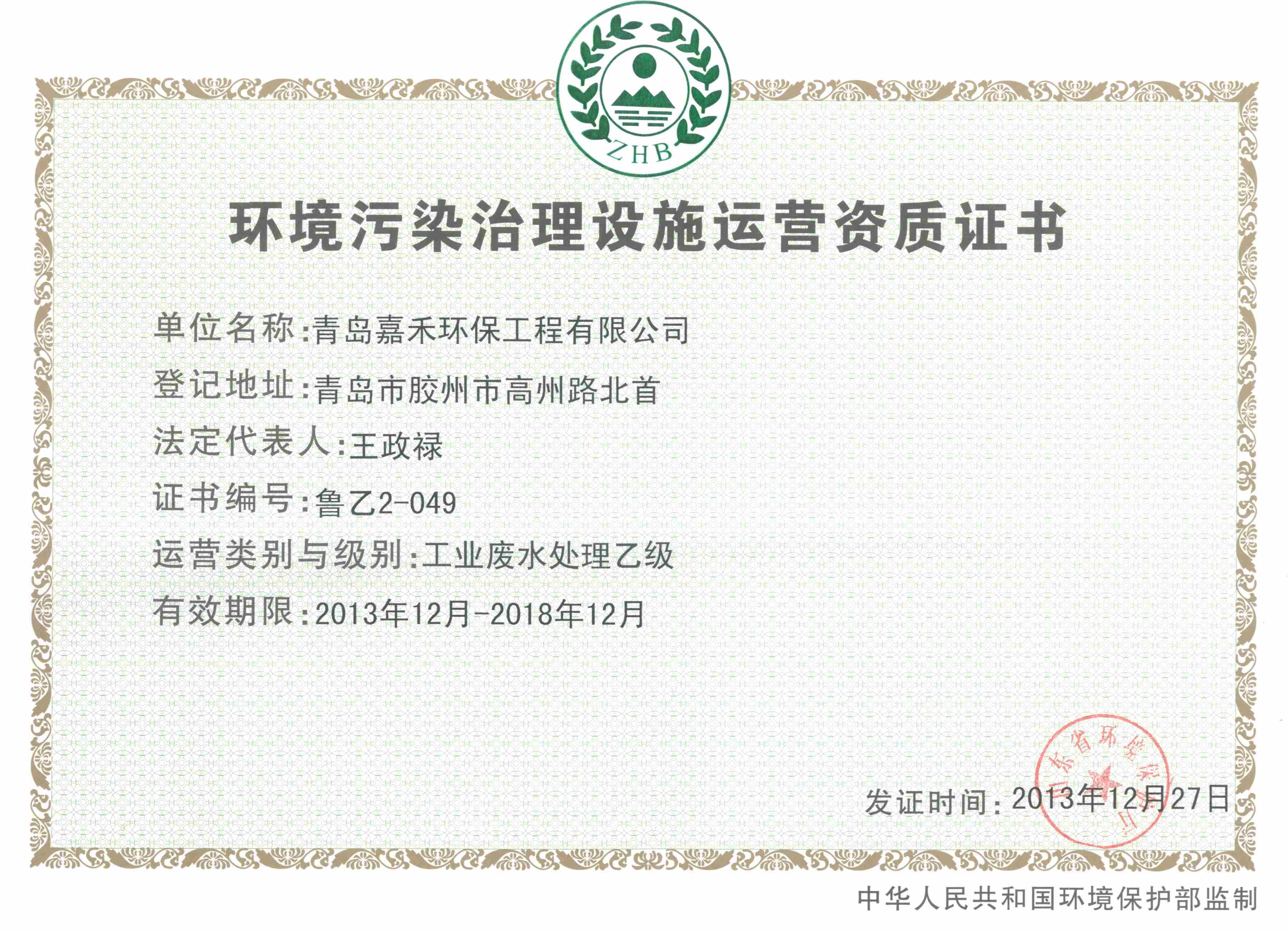 环境污染治理设施运营资质证书